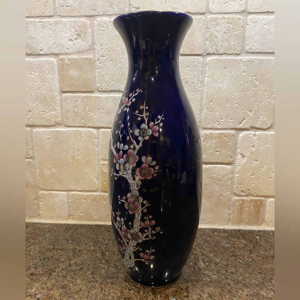 Vintage Japanese Vase Cobalt Blue With Birds & Pink Blossoms 11” Tall - Picture 2 of 4